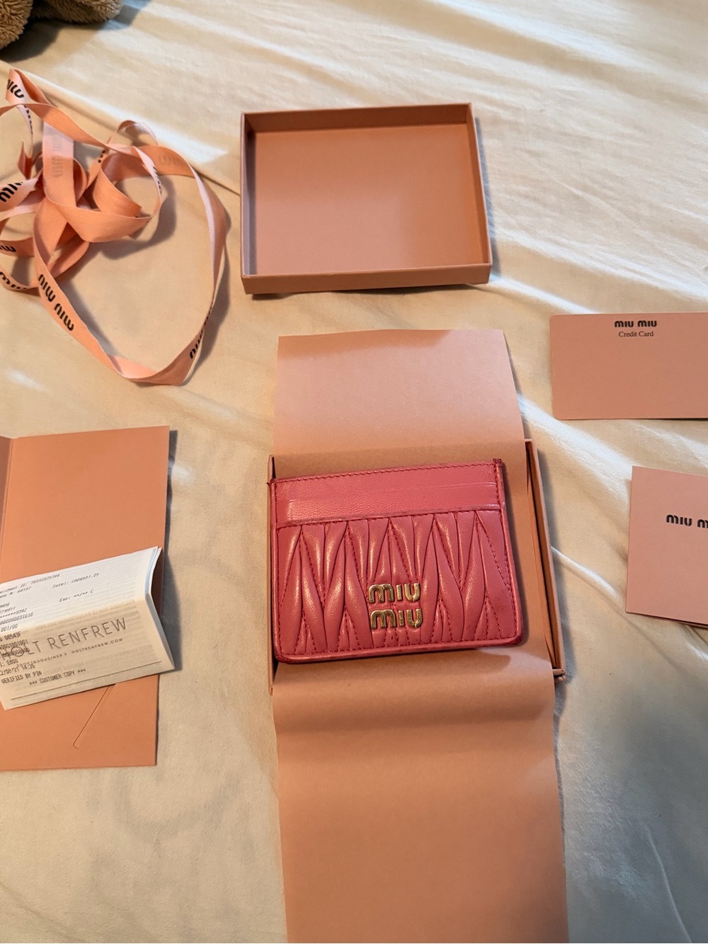 Miu Miu Pink Matelassé Card Holder with Gold Logo